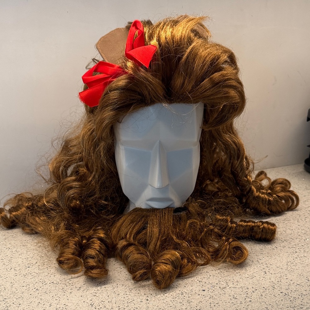 Cowardly Lion Curly Hair Wig with Red Bow along with beard costume - Picture 6 of 6